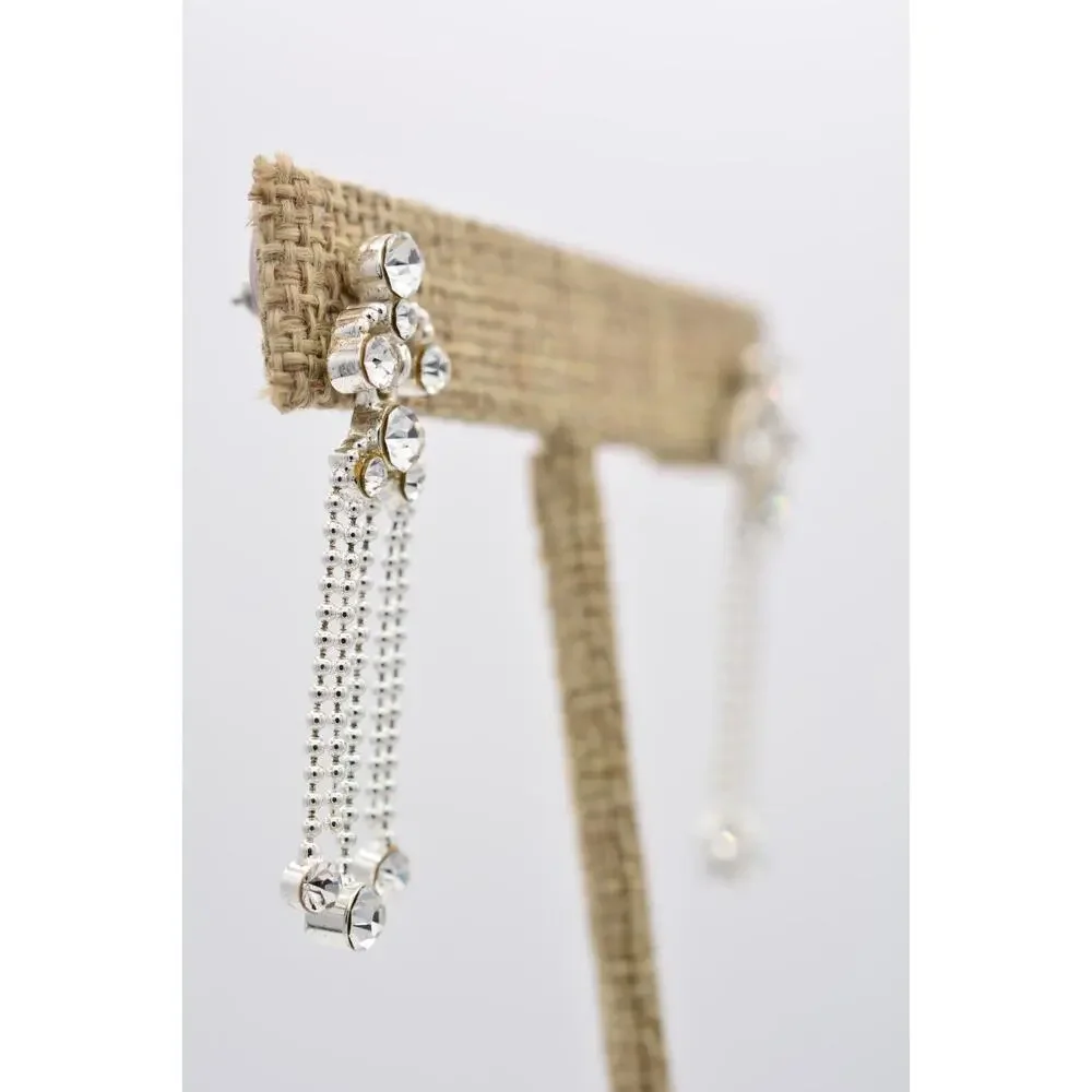 Y2K Vintage Crystal Dangle Earrings Chandelier Silver Tone Rhinestone Chain 9L